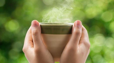 tazza fumante tra le mani, non si vede il contenuto, fondo verde