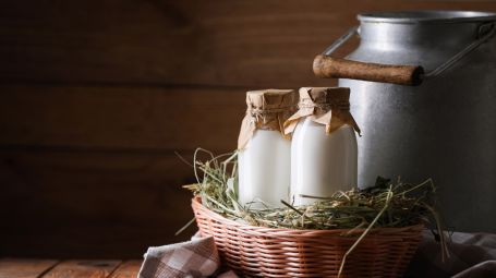 latte fresco in cesto con fieno