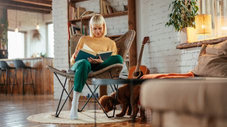 bella casa, legge libro, cane