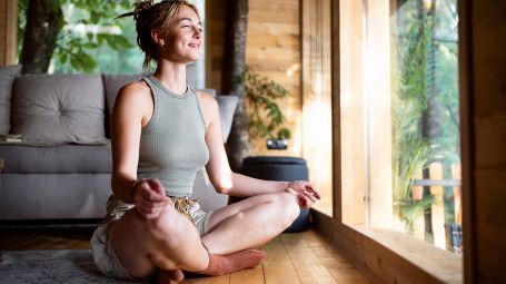 meditazione, casa, yoga, alberi