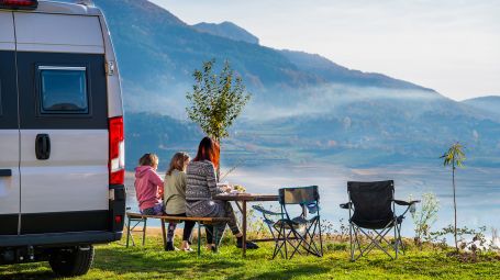 camper, famiglia, lago, montagna