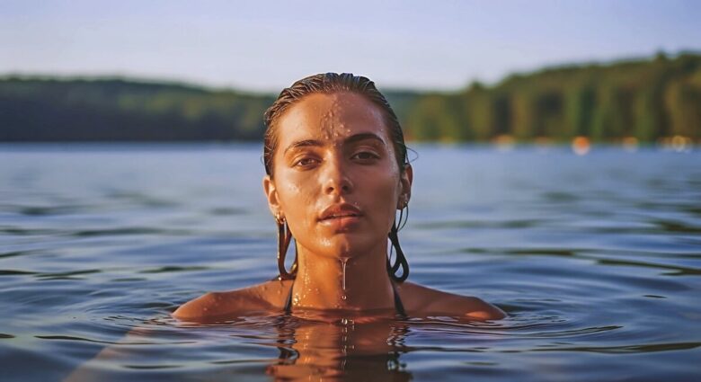 Donna emerge dall'acqua con goccioline sul viso