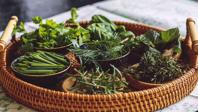 vassoio pieno di ciotoline con piante aromatiche